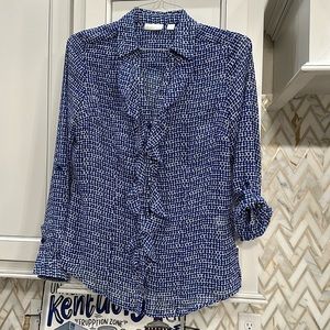 Blue and white polkadot, ruffle front blouse